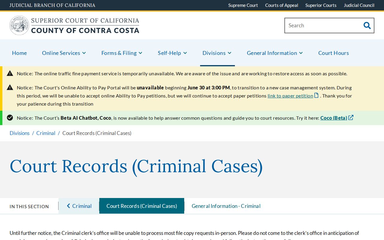 Richmond public records instructions for Contra Costa criminal court files
