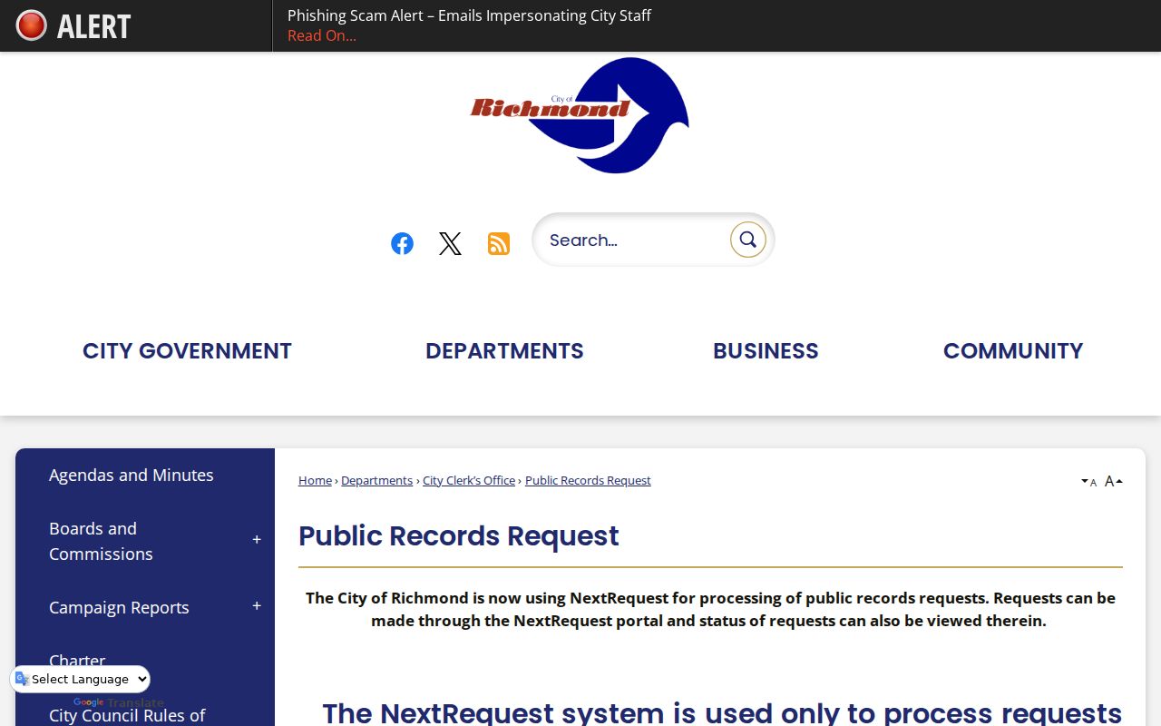 Richmond public records request page linking to NextRequest